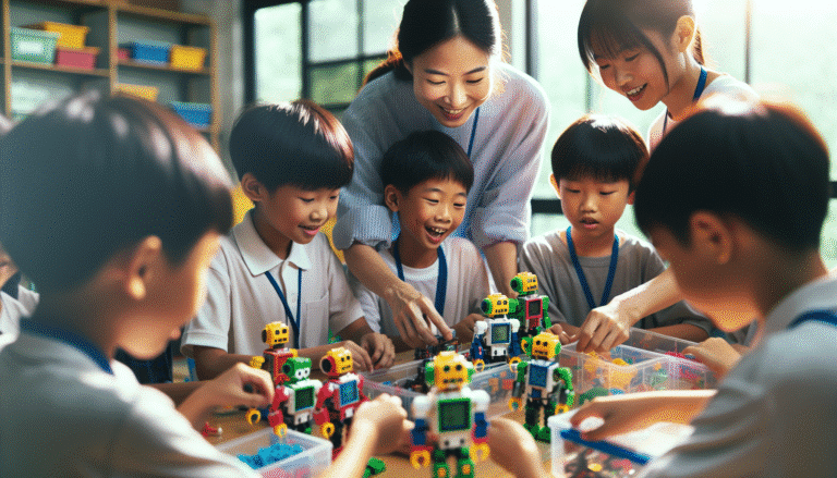 Des enfants chinois d'environ 8 ans dans une salle de classe lumineuse et moderne, assemblant des petits robots éducatifs avec des kits colorés. L'ambiance est joyeuse et collaborative, avec des enseignants souriants les guidant. Style réaliste, couleurs vives, profondeur de champ faible.