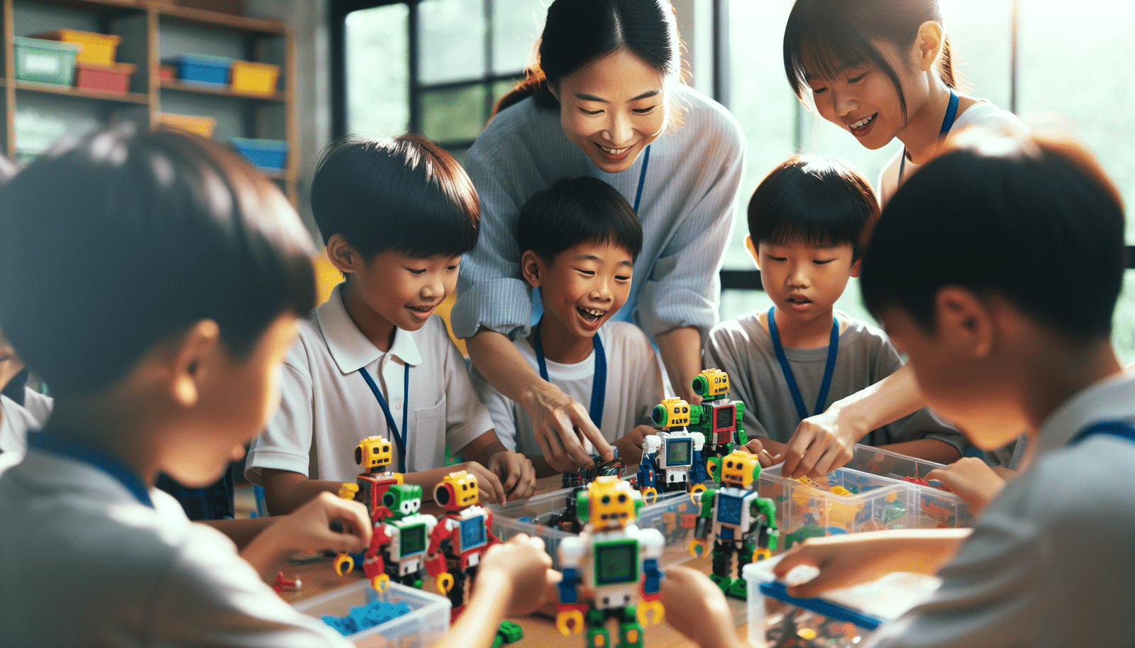Des enfants chinois d'environ 8 ans dans une salle de classe lumineuse et moderne, assemblant des petits robots éducatifs avec des kits colorés. L'ambiance est joyeuse et collaborative, avec des enseignants souriants les guidant. Style réaliste, couleurs vives, profondeur de champ faible.