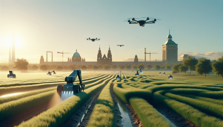 Robot agricole autonome de haute technologie travaillant dans un champ verdoyant au lever du soleil, avec des drones survolant en arrière-plan et la silhouette stylisée de la ville de Toulouse à l'horizon. Ambiance futuriste, réaliste, innovante.