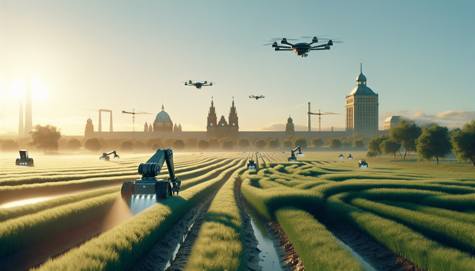 Robot agricole autonome de haute technologie travaillant dans un champ verdoyant au lever du soleil, avec des drones survolant en arrière-plan et la silhouette stylisée de la ville de Toulouse à l'horizon. Ambiance futuriste, réaliste, innovante.