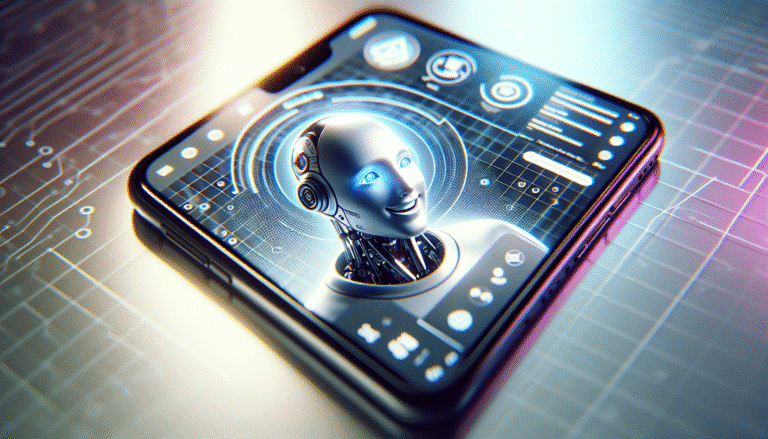 Un smartphone moderne affichant une interface d'application de chat IA, avec un avatar de compagnon virtuel souriant. Le fond est un dégradé doux de couleurs numériques, symbolisant la connexion et l'innovation. Style futuriste, lumineux, engageant.