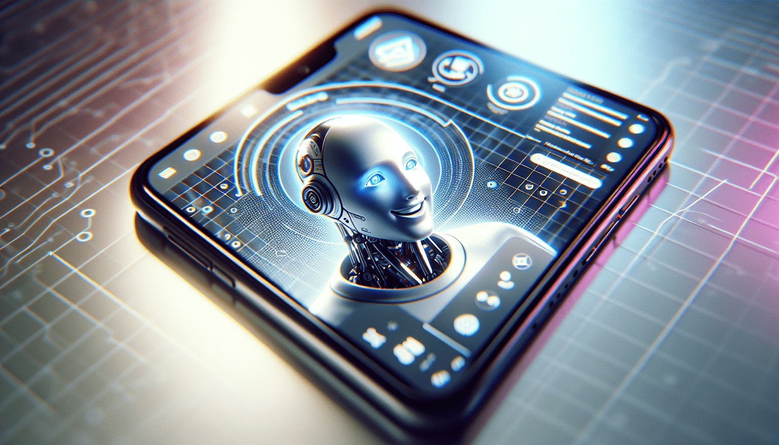 Un smartphone moderne affichant une interface d'application de chat IA, avec un avatar de compagnon virtuel souriant. Le fond est un dégradé doux de couleurs numériques, symbolisant la connexion et l'innovation. Style futuriste, lumineux, engageant.