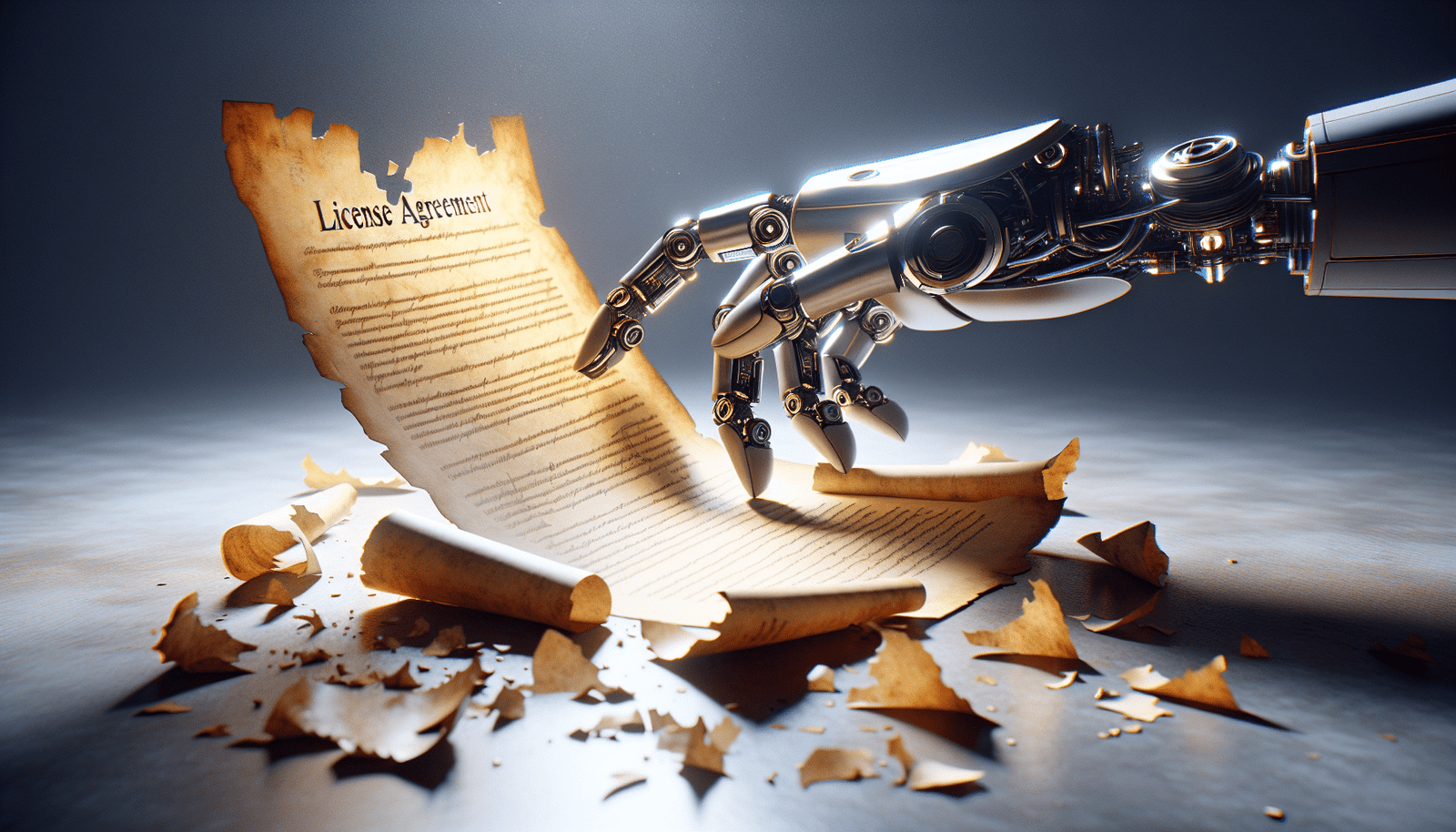 Une main robotique futuriste (représentant Google) qui saisit délicatement un parchemin (représentant un accord de licence) tandis qu'un contrat de fusion brisé gît au sol (représentant l'échec de l'accord OpenAI). L'éclairage est dramatique, soulignant la ruse. Style cybernétique, sombre et lumineux.