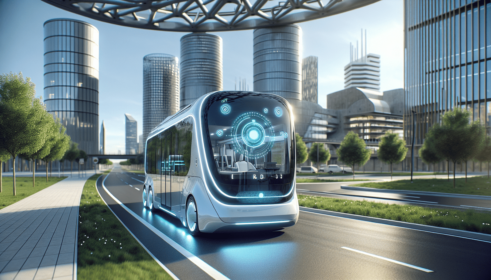 Un bus futuriste et autonome de la RATP circulant sur une ligne urbaine verdoyante, sans conducteur visible. Des capteurs lumineux sont subtilement intégrés au design du véhicule. La scène est dynamique et urbaine, avec un ciel clair et des bâtiments modernes en arrière-plan.