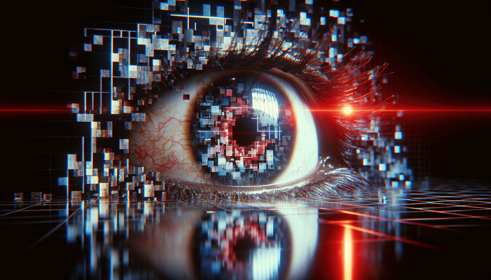 A visual metaphor of a broken or glitching eye, composed of digital pixels, looking at a screen filled with confusing, distorted data, representing the inaccuracy and unreliability of current AI detection tools. Distorted, uneasy aesthetic with red and blue light reflections.