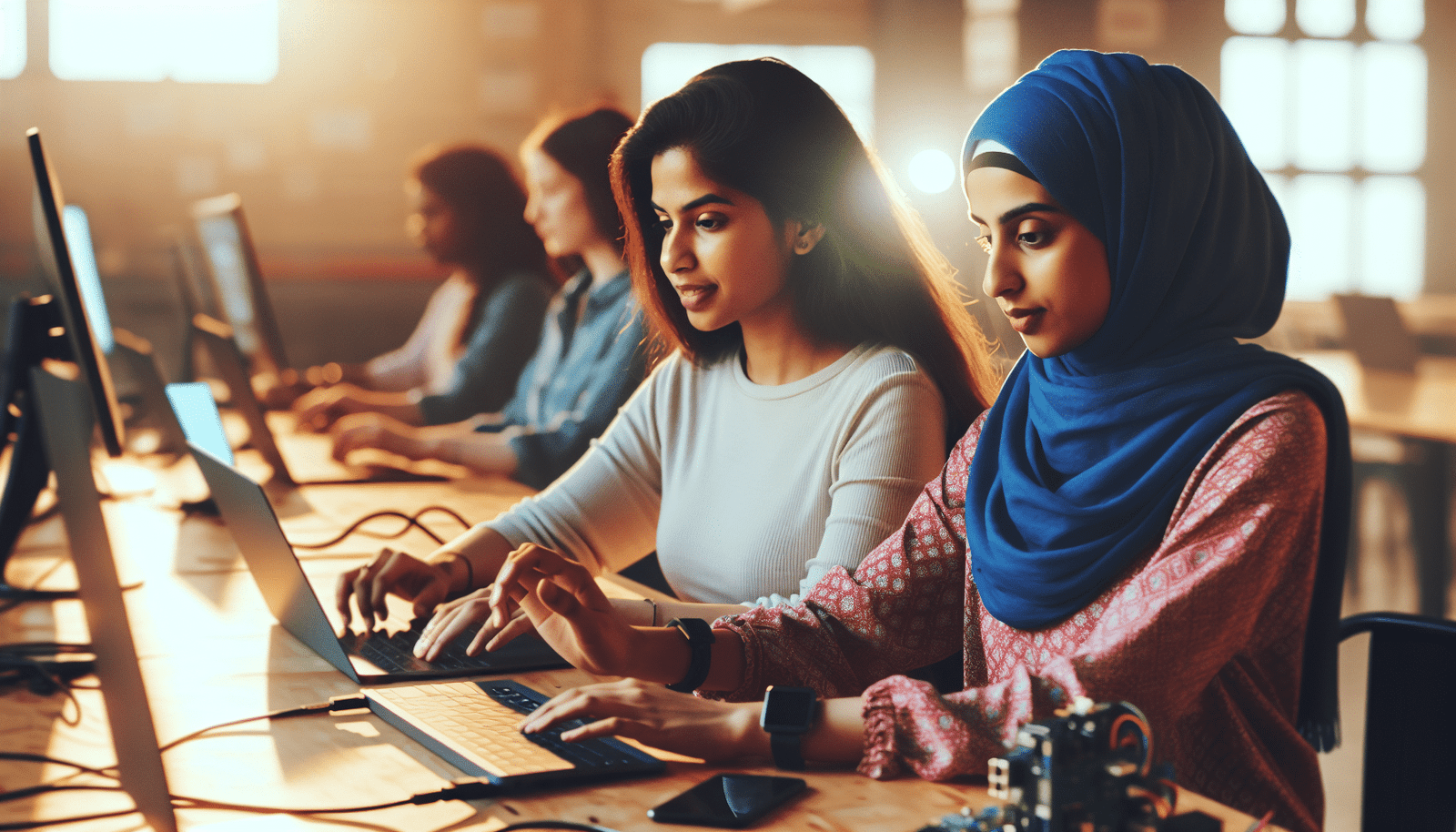 A vibrant, collaborative scene showing women of diverse backgrounds actively participating in a tech workshop or coding session, surrounded by positive energy and modern tech elements. Bright, inspiring colors, conveying hope and collective action.