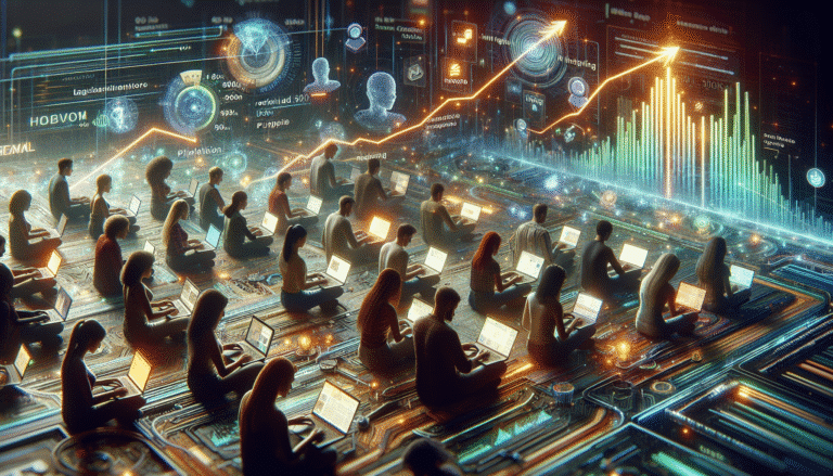 Une scène dynamique et futuriste où des personnes de divers horizons (freelancers, blogueurs, entrepreneurs) travaillent sur leurs ordinateurs portables, entourées d'interfaces holographiques lumineuses représentant des graphiques de revenus croissants et des logos d'IA comme ChatGPT, symbolisant l'abondance et l'innovation. Couleurs vives, ambiance high-tech.