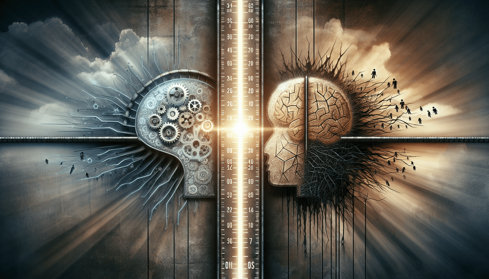 A conceptual image showing two diverging paths: one smooth, illuminated path representing "human-machine collaboration" with intertwined gears and brain symbols; the other, a more jagged, shadowed path representing "job polarization" with fragmented figures. A clock subtly ticking in the background to indicate the 3-7 year timeframe. Style: thoughtful, slightly abstract, with contrasting lighting to highlight the scenarios.