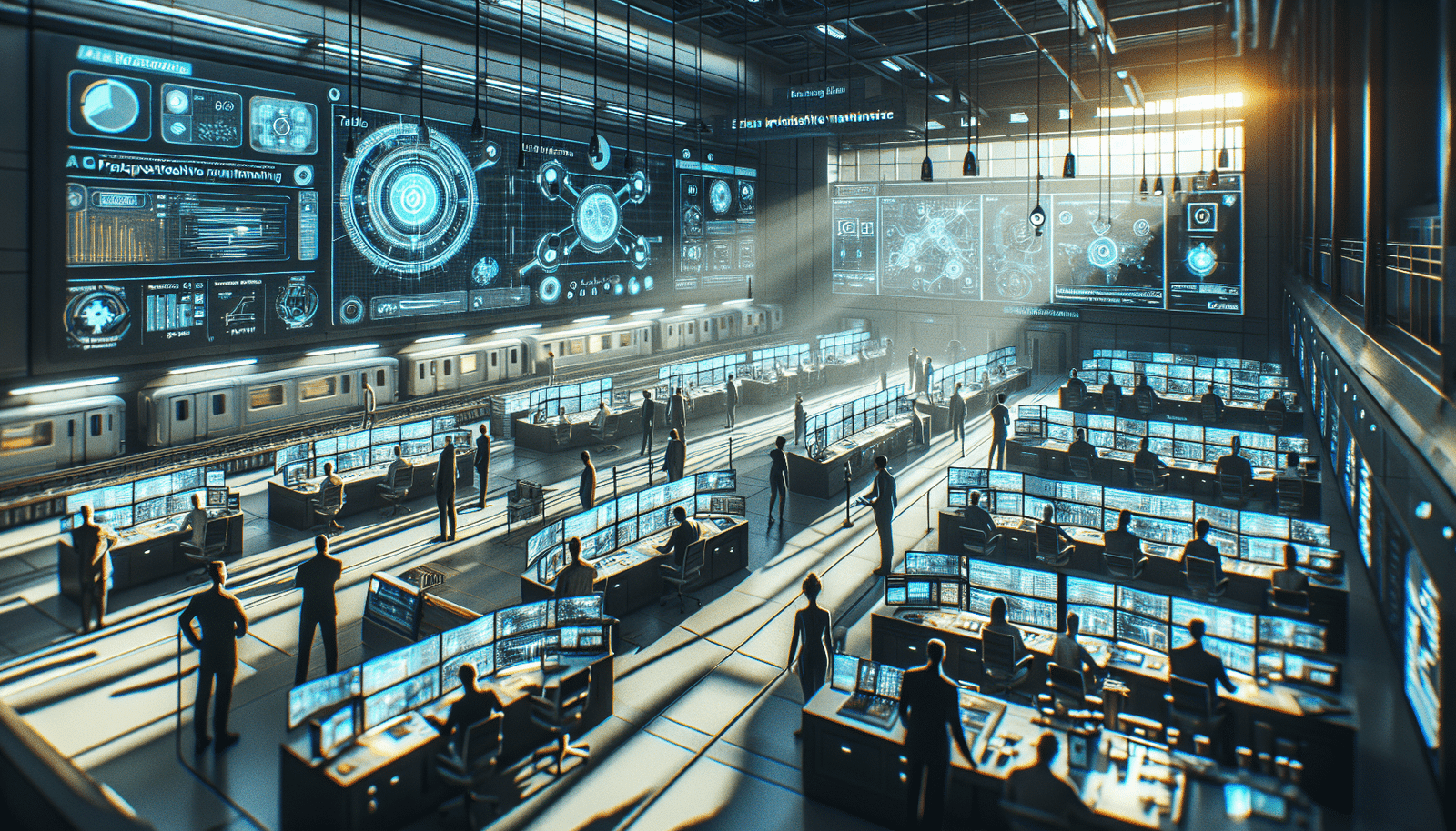 Une salle de contrôle futuriste et lumineuse du métro, avec des écrans holographiques affichant des graphiques de données complexes et des cartes de réseau ferroviaire en temps réel. Des ingénieurs interagissent avec des interfaces tactiles, symbolisant la maintenance prédictive par l'IA. Ambiance technologique et efficiente.
