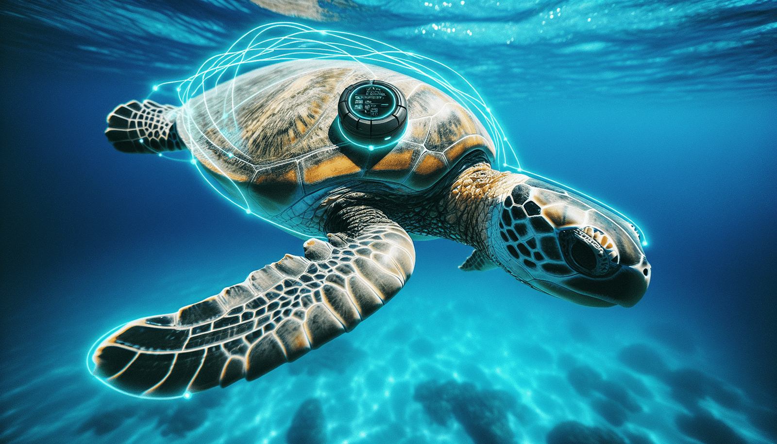 Une tortue marine porte un petit capteur futuriste et discret sur sa carapace, nageant dans les eaux bleu azur de la Méditerranée. Des lignes de données stylisées et lumineuses émanent du capteur vers une interface graphique HUD affichant des informations de suivi en temps réel. Vue sous-marine, lumière naturelle.