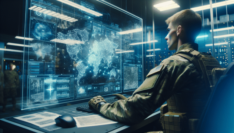 Un soldat de l'OTAN moderne interagit avec un écran holographique transparent, affichant des cartes tactiques complexes et des données en temps réel générées par l'IA. Des lignes de code subtiles et une interface utilisateur futuriste en arrière-plan. Ambiance de salle de commandement high-tech, tons bleus et blancs dominants, éclairage stratégique.