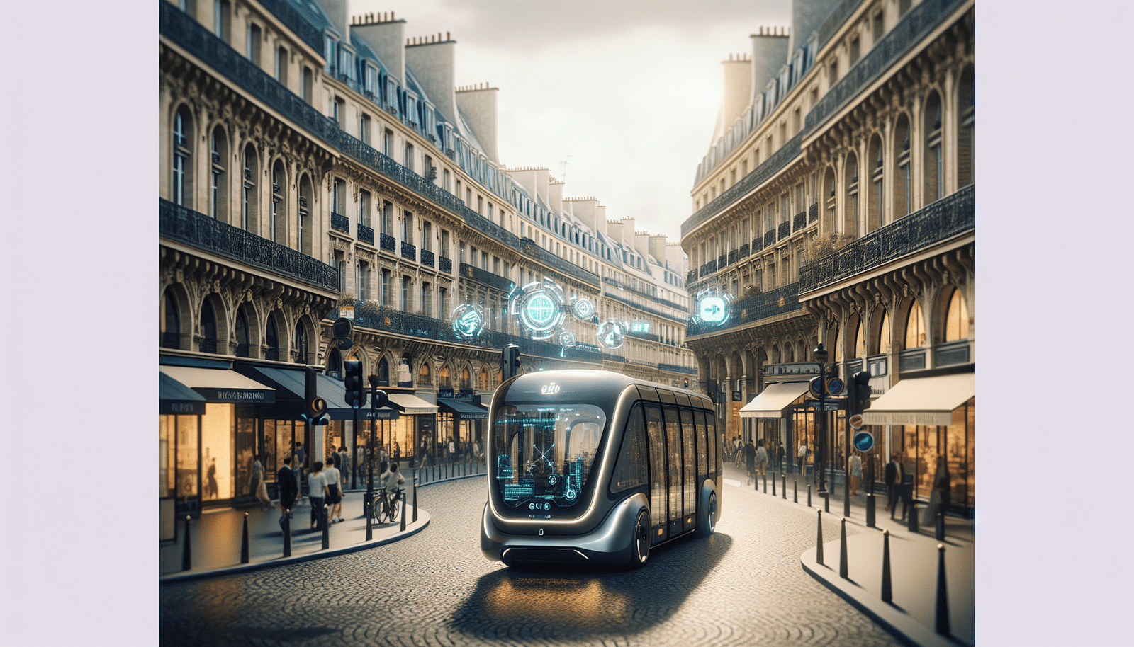 Un bus autonome futuriste et élégant circulant sur une rue parisienne animée, avec des bâtiments haussmanniens en arrière-plan. Des flèches lumineuses et des symboles de données numériques flottent autour du bus, représentant l'IA et la connectivité. Style urbain moderne, dynamique, avec une touche de science-fiction douce.