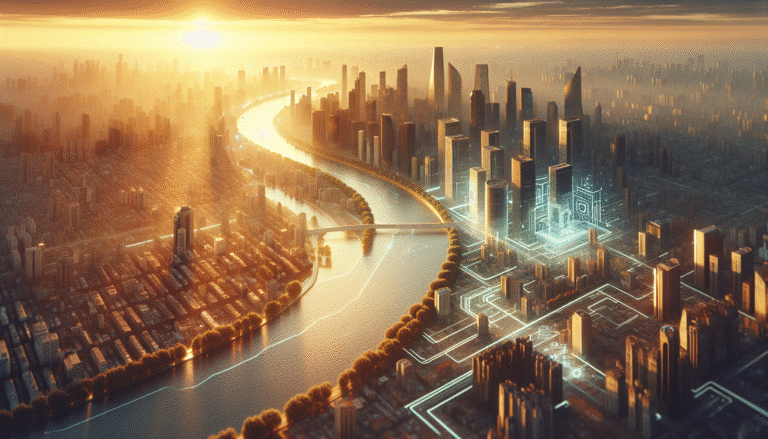 Aerial view of Toulouse's modern skyline with subtle futuristic AI elements glowing over key buildings, representing innovation. High angle, vibrant colors, dawn light. The Garonne river flows through the city.