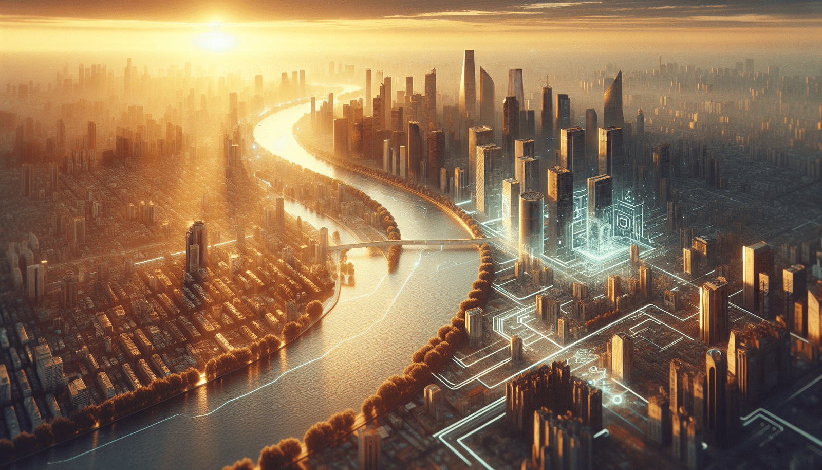 Aerial view of Toulouse's modern skyline with subtle futuristic AI elements glowing over key buildings, representing innovation. High angle, vibrant colors, dawn light. The Garonne river flows through the city.