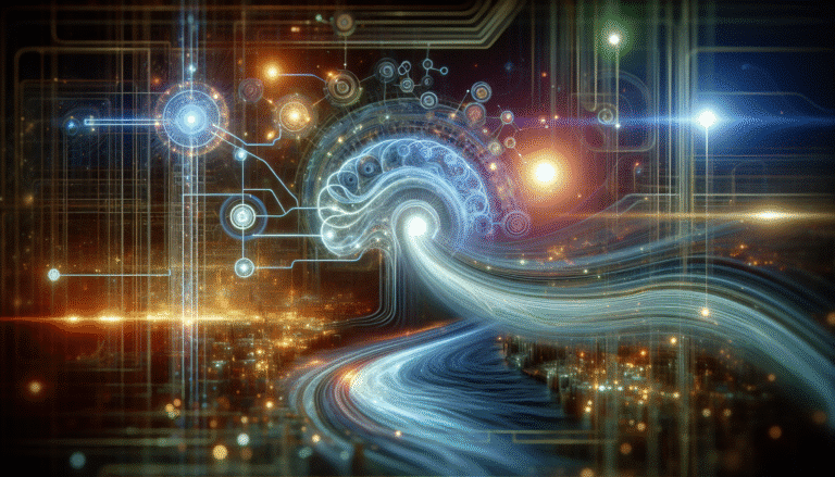 Une illustration futuriste de Gemini 2.5 sous forme d'onde lumineuse intelligente connectant diverses applications, symbolisant le raisonnement logique, le traitement multimodal et la gestion contextuelle. Couleurs vives et technologie avancée, ambiance de futur et d'innovation.