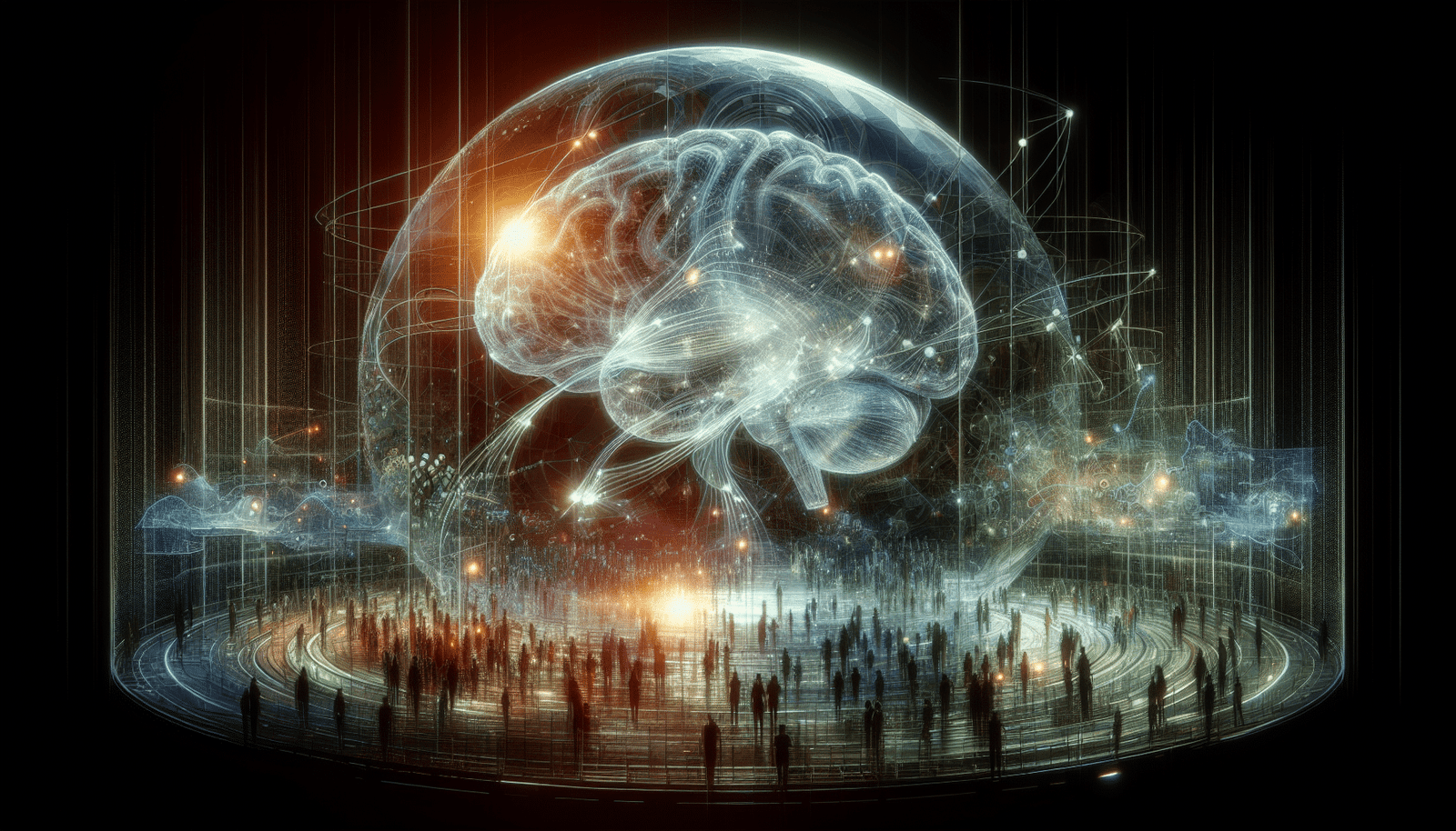 A stylized, glowing brain or neural network forming inside a transparent sphere, surrounded by abstract representations of data streams, global connections, and human silhouettes working collaboratively. The overall impression should be grand, transformative, and slightly mysterious, symbolizing the emergence of Artificial General Intelligence and its societal impact, highly detailed, digital painting.