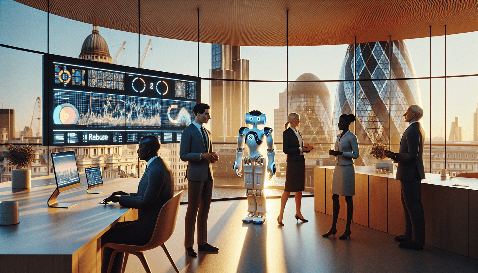 Un bureau futuriste à Londres avec le logo d'OpenAI subtilement intégré, des écrans affichant des visualisations de données complexes et un robot humanoïde amical (Humphrey) assistant des fonctionnaires britanniques dans un environnement lumineux et moderne. Détails architecturaux de Londres en arrière-plan, symbolisant l'intégration de l'IA dans la vie quotidienne.