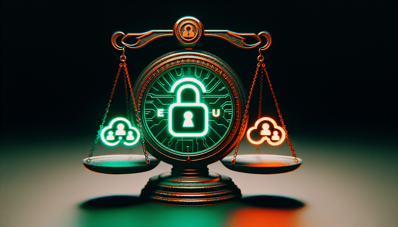 Une balance numérique futuriste pesant deux côtés: d'un côté, un symbole de cadenas avec le logo stylisé "Lumo" et un "EU" discret en dessous, entouré d'une aura verte symbolisant la sécurité. De l'autre côté, des icônes d'assistants IA génériques (type ChatGPT, Bard) avec des symboles de nuages ou de données s'échappant, entourés d'une aura rouge/orange symbolisant le risque. Le côté Lumo doit être clairement plus lourd/plus bas. Style graphique, clair, contrasté.
