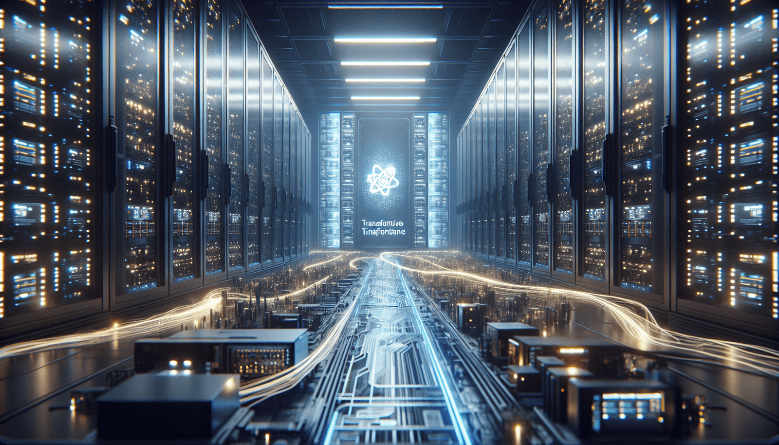 Représentation futuriste d'un centre de données cloud AWS avec des serveurs lumineux, des puces IA (Trainium, Inferentia) en surbrillance, et le logo d'Anthropic s'intégrant parfaitement dans l'infrastructure numérique. Des lignes de données connectent les éléments, symbolisant une synergie technologique fluide et puissante.
