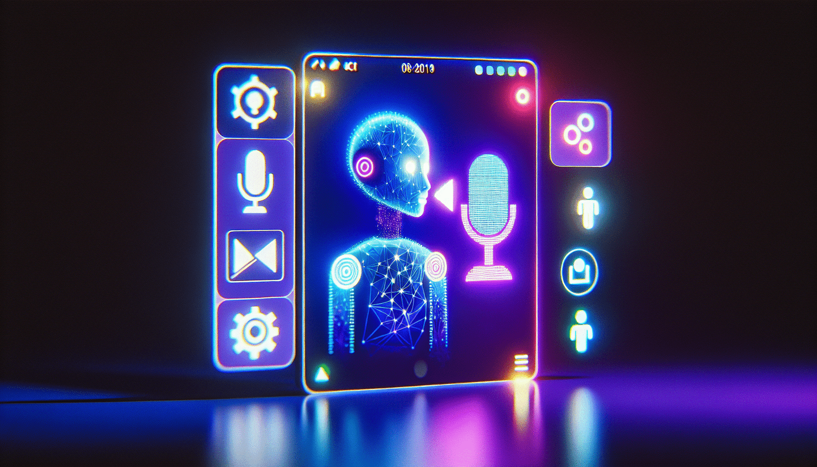 Un personnage robotique stylisé aux couleurs de Mistral AI (bleu, violet) interagit avec un utilisateur via la voix sur un écran lumineux. Autour d'eux, des icônes minimalistes et brillantes représentant d'autres produits Mistral AI (OCR, Code, Agents) orbitent, symbolisant un écosystème IA complet et harmonieux. Le tout dans une esthétique futuriste et propre.