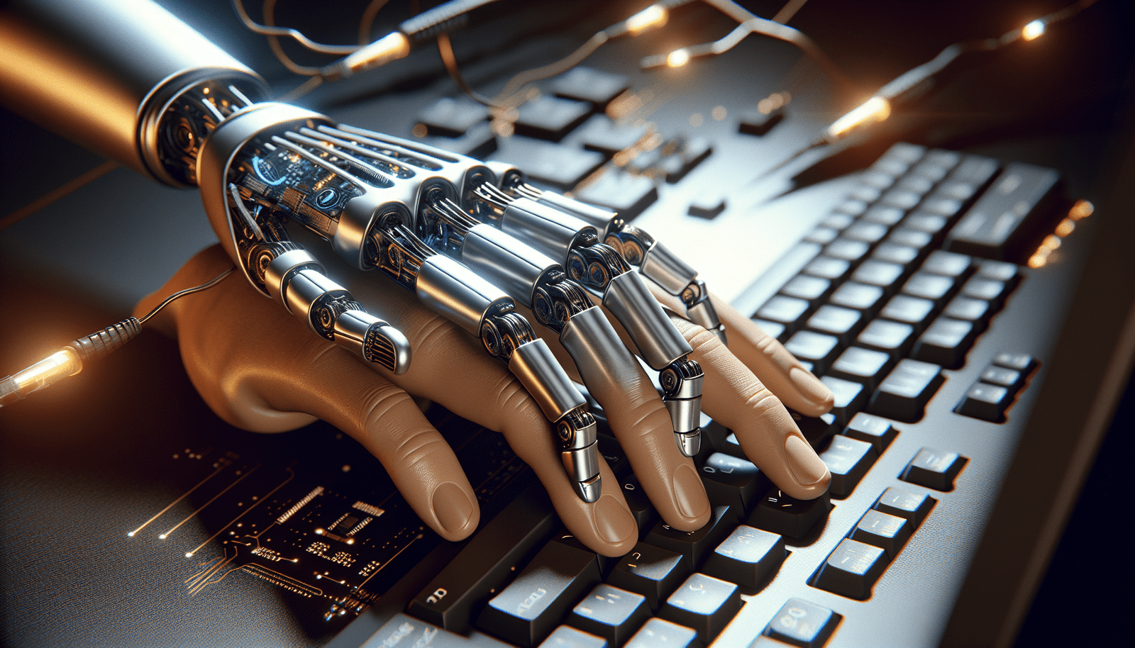 Une scène métaphorique où des mains humaines et des mains robotiques s'entremêlent au-dessus d'un clavier d'ordinateur ou d'un écran de code, représentant l'harmonie et la collaboration entre l'homme et l'IA dans le développement logiciel. Arrière-plan flou de circuits imprimés ou de flux de données. Style artistique conceptuel et inspirant.