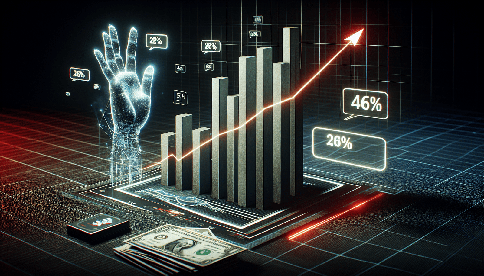 Un graphique stylisé en 3D représentant une barre montante avec un hologramme de main tendue en signe de demande d'argent, sur un fond sombre et une grille numérique. Des pourcentages comme '28%' et '46%' flottent autour de bulles de conversation. Ambiance de cyber-sécurité avec des alertes rouges discrètes.
