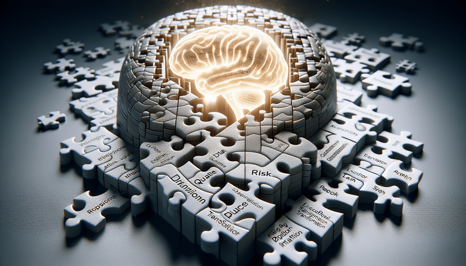 A symbolic image of a complex puzzle being perfectly assembled, with each piece representing data quality, risk management, ROI expectations, and organizational transformation, leading to a glowing AI brain at the center. Bright, optimistic, clean lines.
