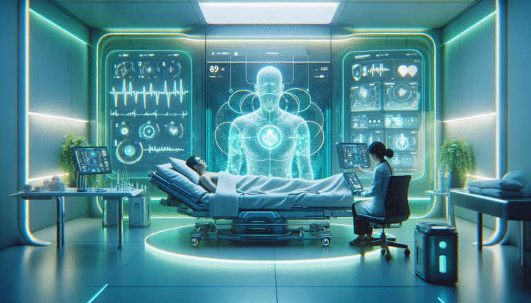 A futuristic hospital room with a patient wearing subtle, sleek connected health devices. Holographic data streams flow around them, displaying vital signs. A doctor monitors a screen with complex AI interfaces, all in a clean, modern, high-tech medical environment, emphasizing seamless integration and continuous monitoring. Soft blue and green lighting, 16:9 aspect ratio, high resolution.