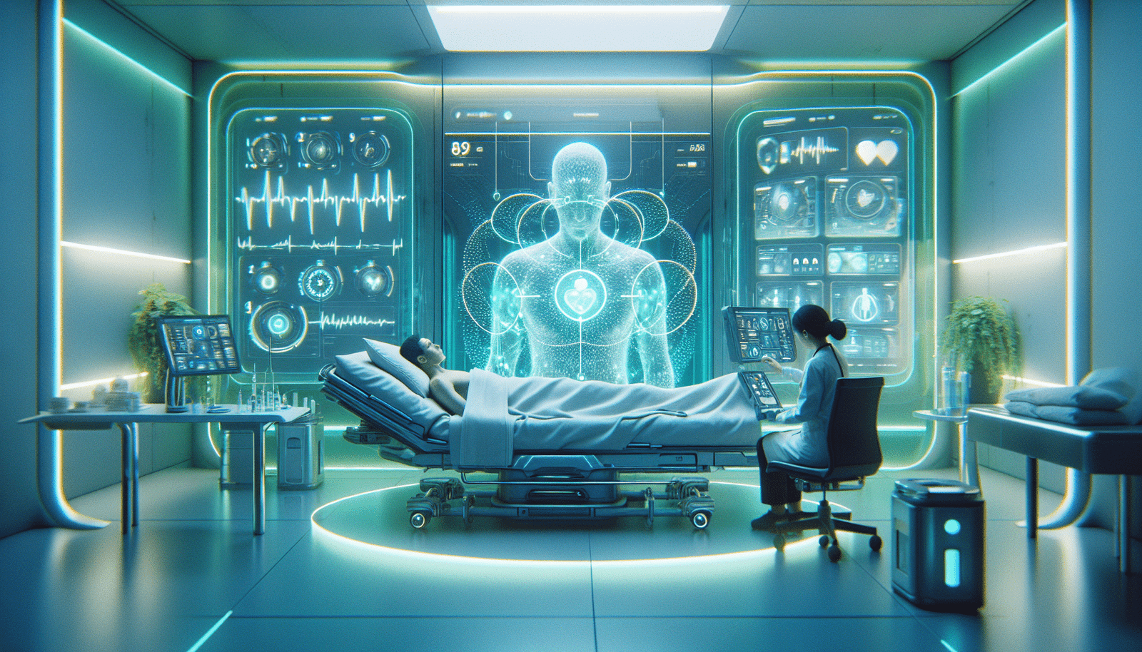 A futuristic hospital room with a patient wearing subtle, sleek connected health devices. Holographic data streams flow around them, displaying vital signs. A doctor monitors a screen with complex AI interfaces, all in a clean, modern, high-tech medical environment, emphasizing seamless integration and continuous monitoring. Soft blue and green lighting, 16:9 aspect ratio, high resolution.