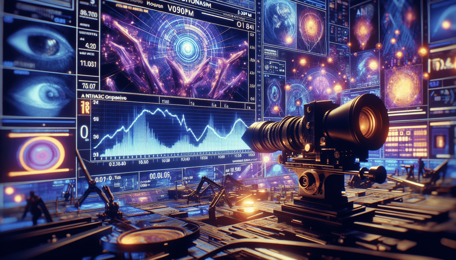 Concept art showing a dynamic graph charting Anthropic's rapid valuation increase, with abstract AI elements like neural networks and glowing data streams in the background. The aesthetic should be futuristic and highly energetic, symbolizing rapid growth and innovation. Use a vibrant color palette, focusing on blues and purples.