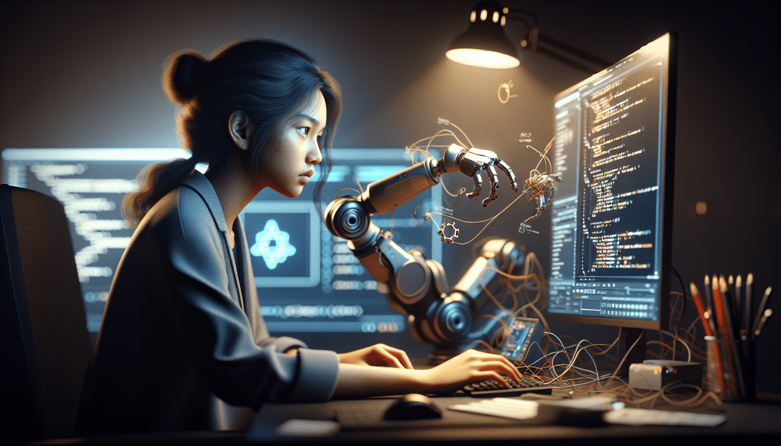 Un développeur humain concentré, déboguant du code complexe sur un écran, avec des schémas de logique qui flottent autour de lui, contrastant avec un bras robotique frustré en arrière-plan qui semble avoir du mal avec un fil emmêlé. Lumière tamisée, ambiance de résolution de problème.