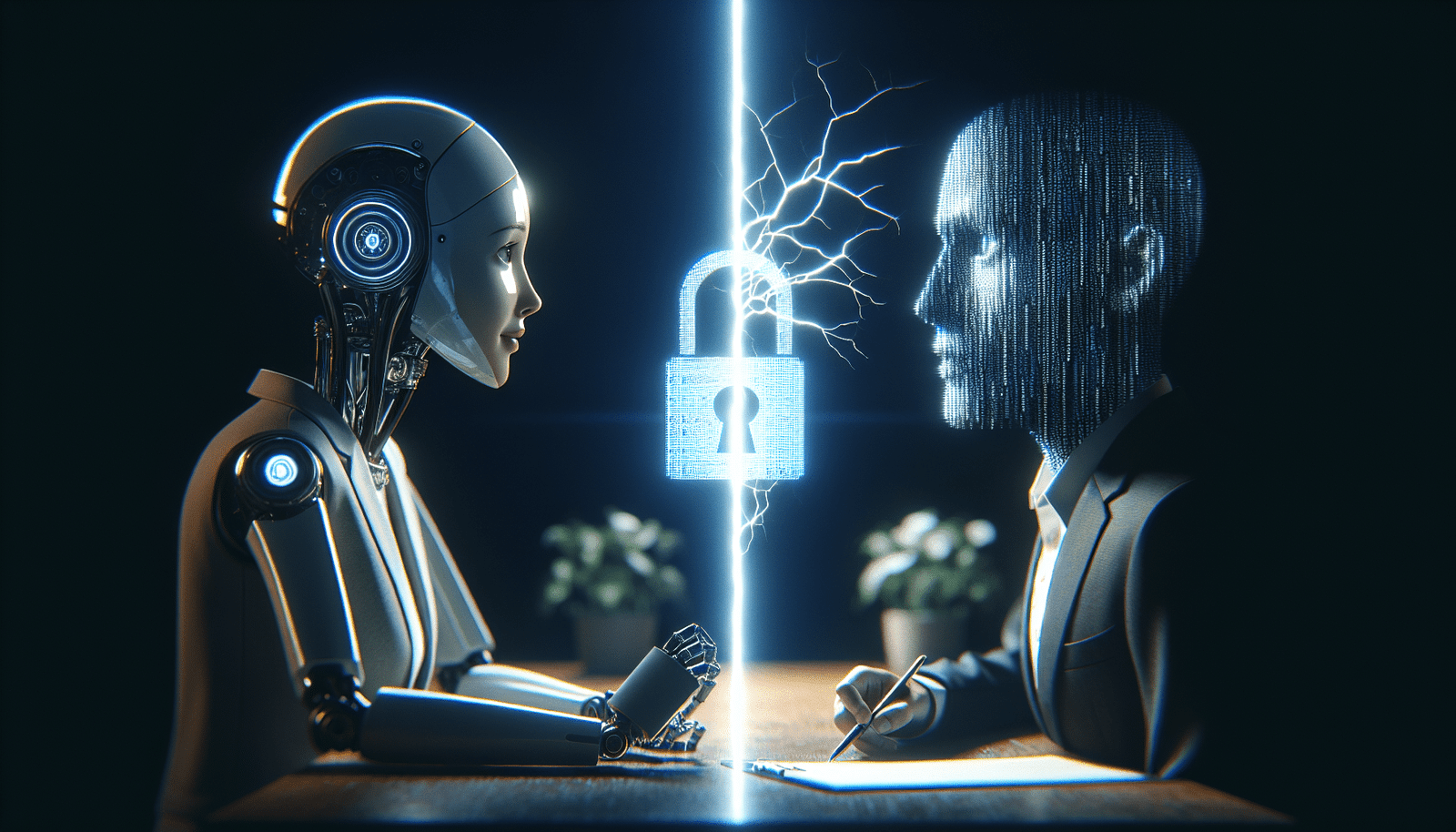 A split image: one side showing a sleek, futuristic AI robot interviewing a person (representing efficient AI recruitment), and the other side showing a digital padlock with a cracked screen, symbolizing a data breach. A strong visual contrast between promise and peril. High-tech, slightly alarming atmosphere.