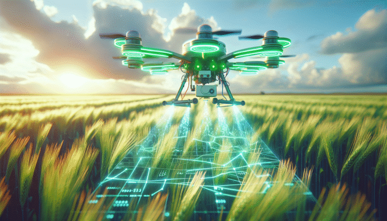Un drone agricole futuriste avec des capteurs lumineux, survolant un champ de blé vert vibrant sous un ciel clair et légèrement nuageux, avec des lignes de données abstraites superposées montrant la précision du balayage. Style photo-réaliste, couleurs vives et saturées, perspective basse pour accentuer la taille du champ.
