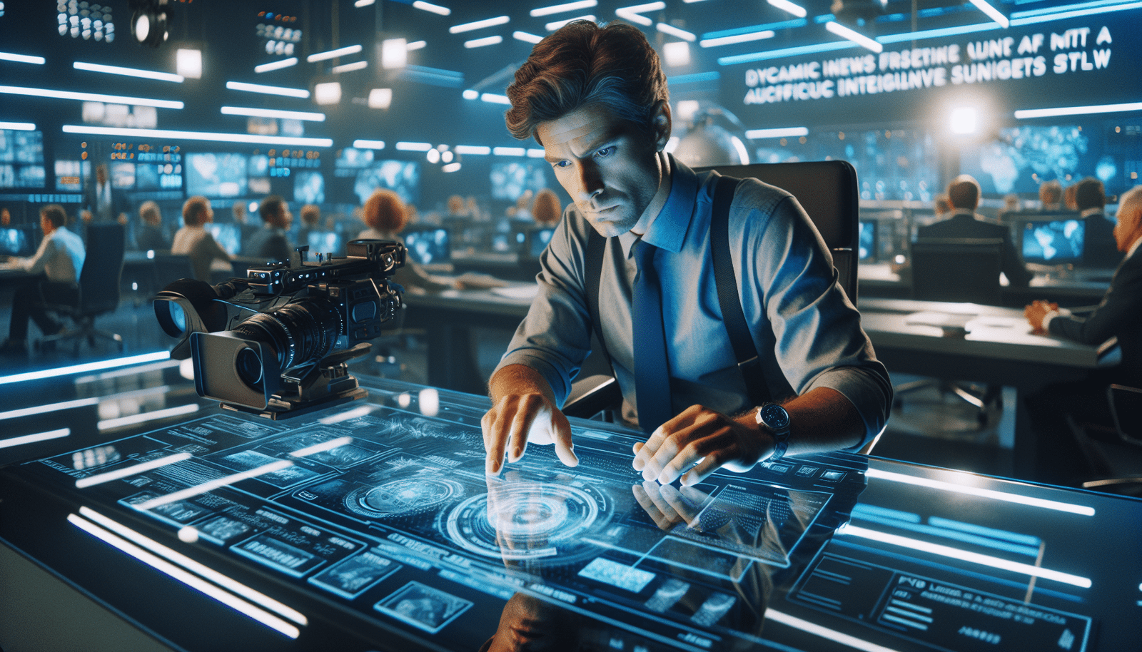 A journalist sitting at a futuristic news desk, looking at a holographic screen displaying dynamic news feeds and AI-generated content suggestions. The scene is vibrant, showing the fusion of human insight and advanced technology in a newsroom, with a subtle glow of AI-driven innovation.