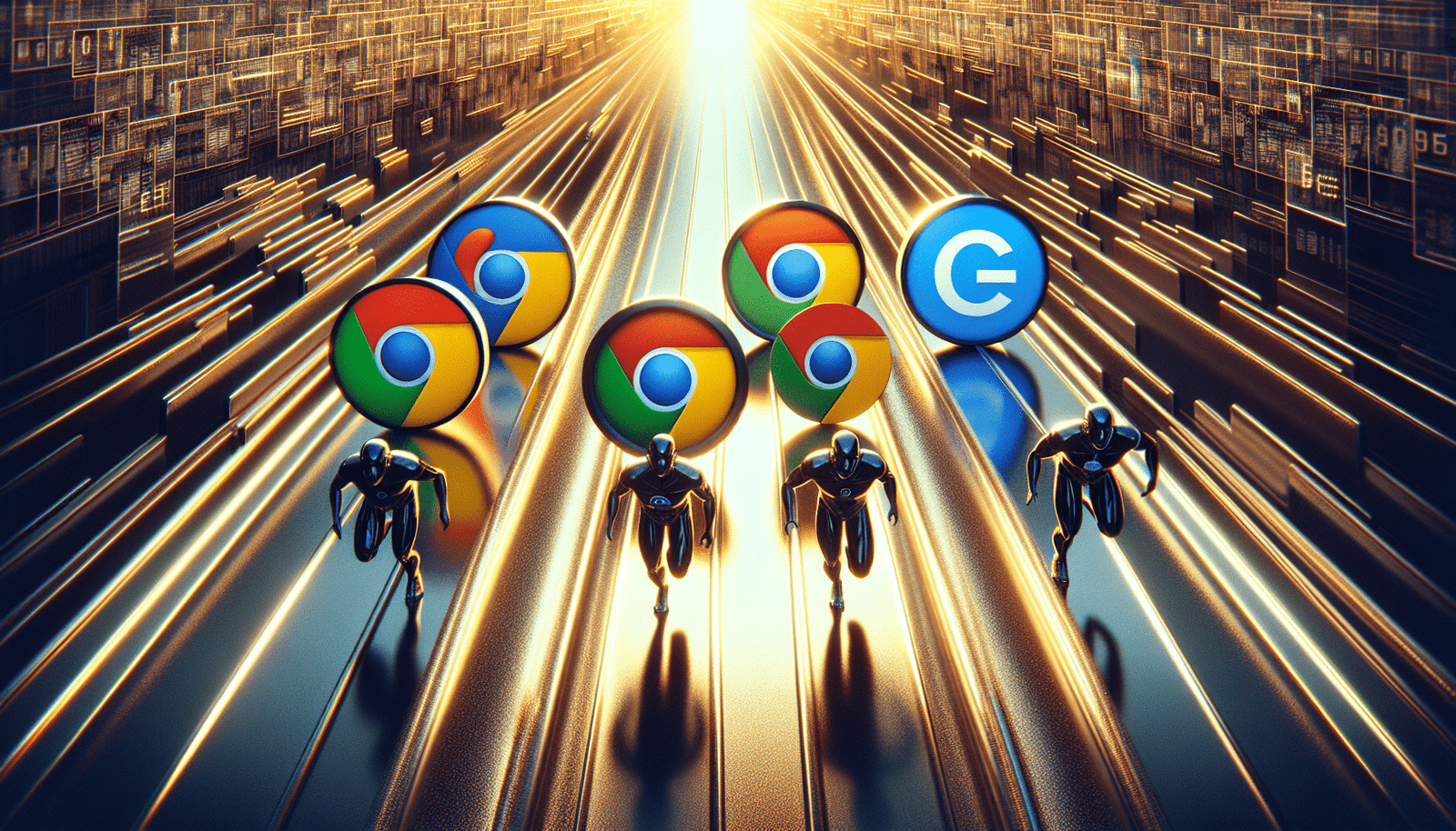 A dynamic visual of multiple browser icons (OpenAI logo prominently, Google Chrome, Perplexity, Microsoft Edge) racing on a shimmering digital track, symbolizing intense competition and the evolution of web navigation. The background is a network of data points.