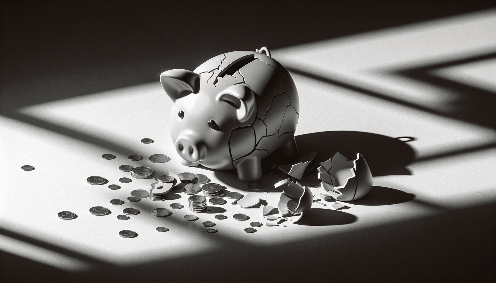 A broken piggy bank spilling out a few small coins, with a shadow of a complex, multi-functional AI interface in the background, symbolizing insufficient funds for advanced AI capabilities. Expressive, slightly melancholic tone, minimalist art style.