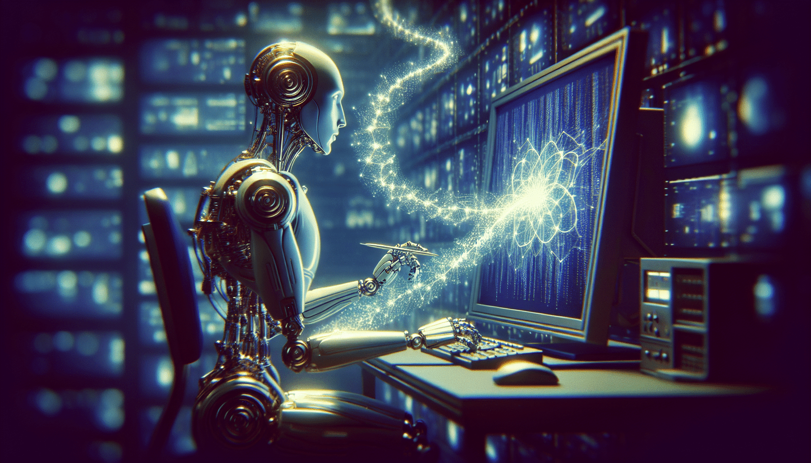 Un robot humanoïde stylisé, assis devant un écran d'ordinateur, tapant rapidement du code fluorescent, avec des lignes de code s'étendant comme une toile d'araignée lumineuse derrière lui, symbolisant la génération autonome. Ambiance futuriste, tons bleus et violets.