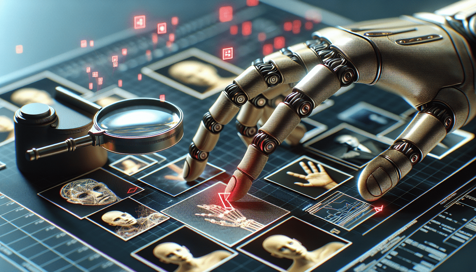 Une main robotique stylisée (IA) tenant une loupe numérique au-dessus d'une série d'images miniatures. Certaines images sont clairement identifiées comme des deepfakes (floues ou avec un X rouge), tandis que d'autres sont nettes. Le fond est un maillage de données, symbolisant le processus de détection et de filtrage des contenus illicites. Style futuriste, éclairage doux, couleurs claires et techniques, mise au point sélective.