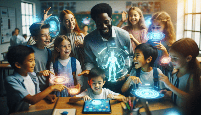 A vibrant, futuristic classroom scene where diverse young students interact playfully with holographic AI interfaces and digital tablets, while a teacher smiles nearby, guiding them. Focus on technology integration and human connection, bright and optimistic colors.