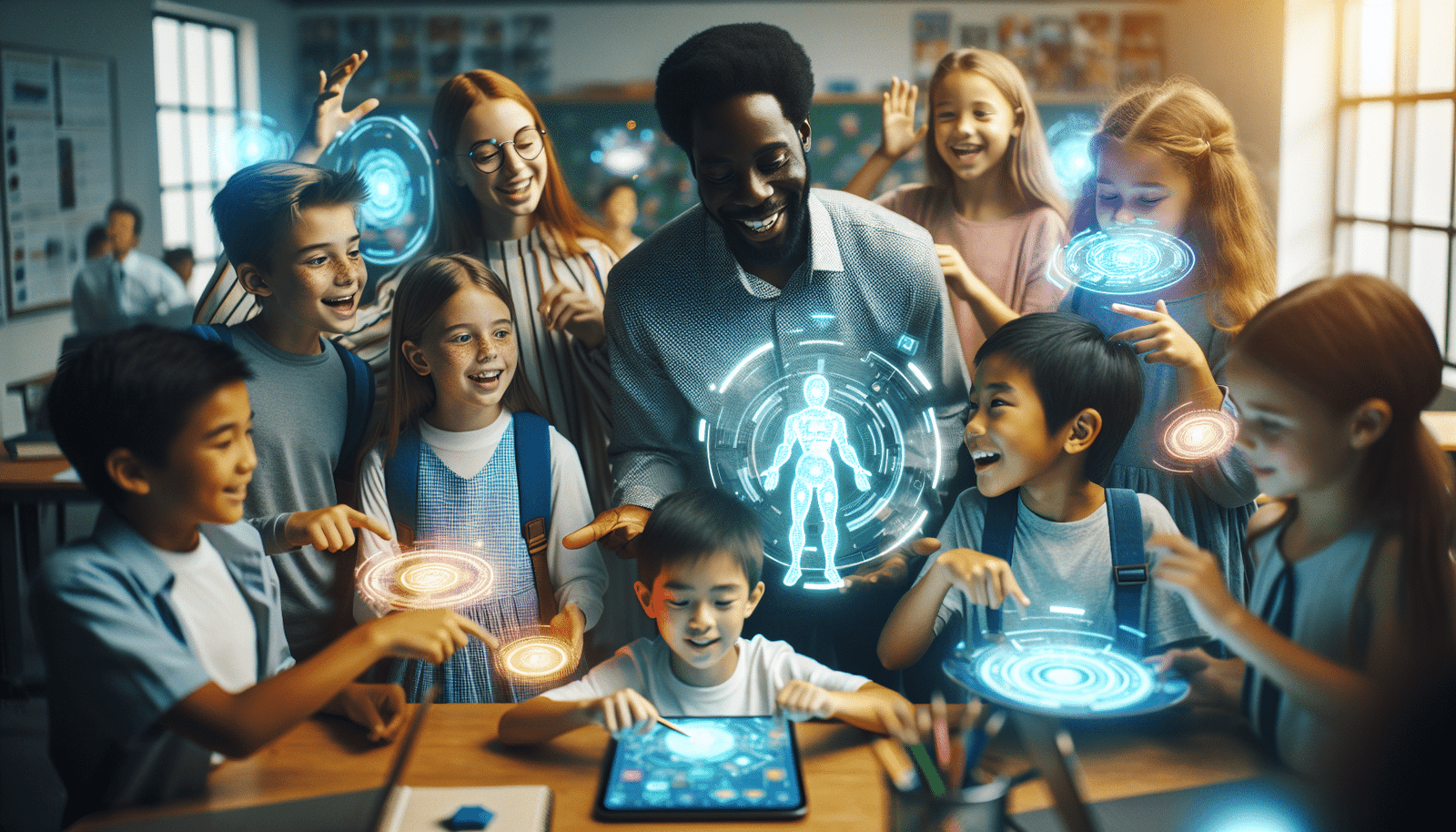 A vibrant, futuristic classroom scene where diverse young students interact playfully with holographic AI interfaces and digital tablets, while a teacher smiles nearby, guiding them. Focus on technology integration and human connection, bright and optimistic colors.