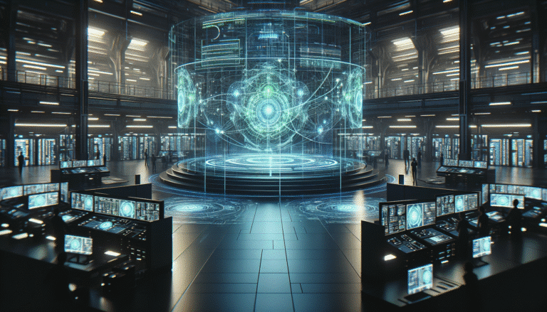 Detailed illustration of Grok AI's interface integrated into a secure, futuristic government data center. Holographic screens display complex data, with abstract neural network lines glowing behind. Emphasize a blend of advanced technology and formal government setting. Cyberpunk elements, highly secure, blue and green dominant colors.