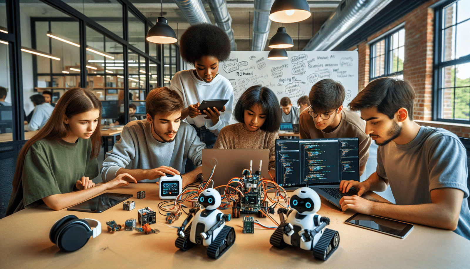 A young, diverse group of students or developers actively programming Reachy Mini robots on a desk. One person is coding on a laptop, another is adjusting the robot, while a third is looking at a tablet displaying AI models from the Hugging Face Hub. The background is a collaborative, modern workspace with whiteboard full of ideas. Vibrant, dynamic, coding theme, emphasizing community and learning.