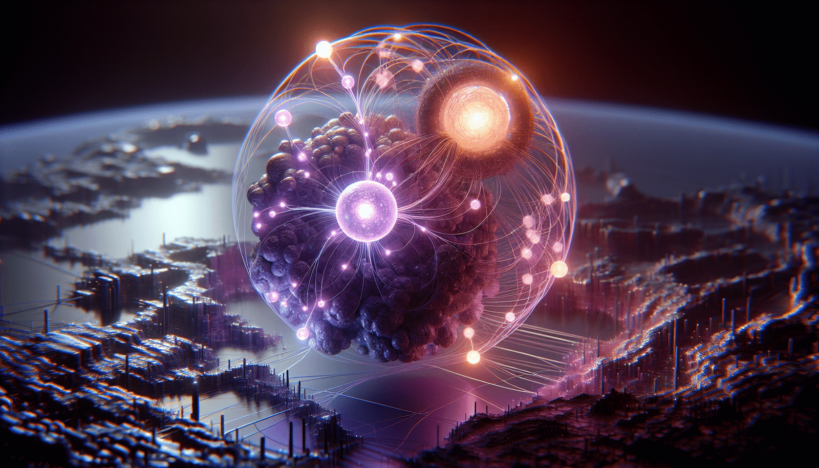 Abstract representation of AI and Digital Twins working in synergy. Two distinct, glowing spheres (one for AI, one for Digital Twin) are interconnected by intricate neural pathways and data streams, forming a powerful, unified entity. The background subtly suggests a digital landscape of France. Style: Conceptual, high-tech, glowing, interconnected, purple and blue color palette.