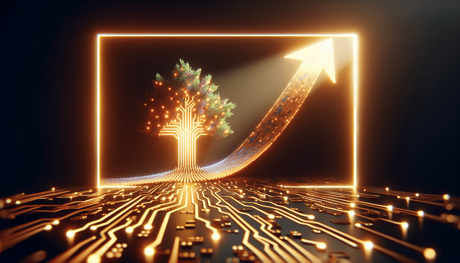 A vibrant, ascending arrow or path made of glowing data points, leading towards a bright, successful AI project depicted as a flourishing tree with integrated circuit leaves. The setting is a modern, collaborative office space, symbolizing growth and success after overcoming challenges, with diverse professionals working together harmoniously.