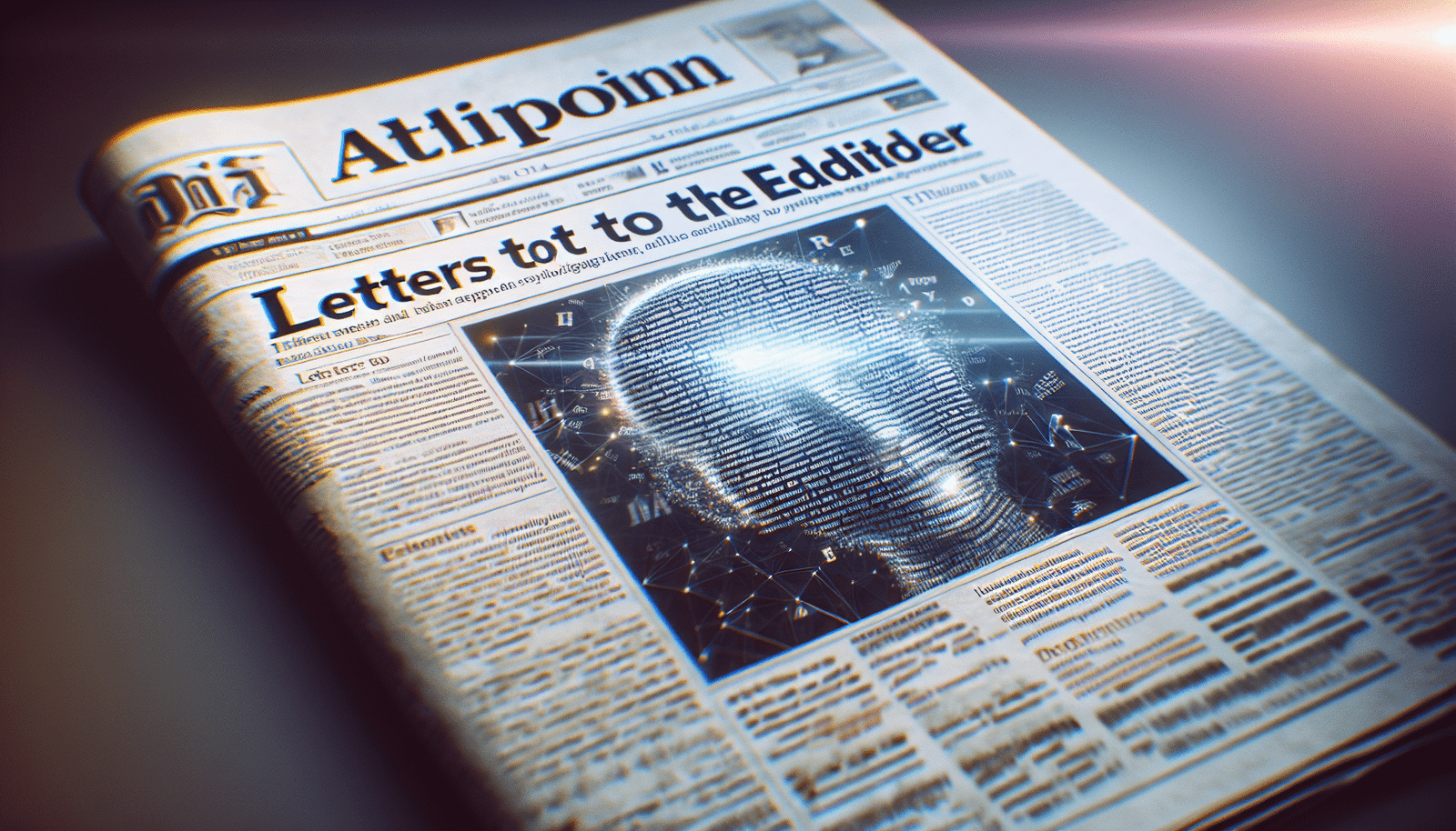 Une page de journal ouverte avec des articles générés par IA, où l'on distingue une section "Lettres des lecteurs" avec des textes pensifs et philosophiques, et un léger glitch artistique ou une lueur numérique suggérant l'origine IA du contenu. Composition élégante et futuriste.