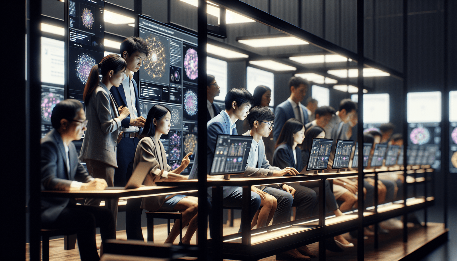 A diverse group of Asian professionals, men and women, engaged in a collaborative AI workshop, looking at screens with complex data visualizations. Emphasize learning, collaboration, and empowerment, with subtle AI interfaces in the background.