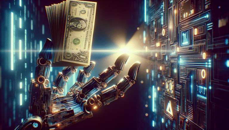 Une main robotique futuriste tendue vers une pile géante de billets de banque, avec en arrière-plan des circuits imprimés lumineux et des logos d'entreprises technologiques flous. Lumière dramatique, style néon.