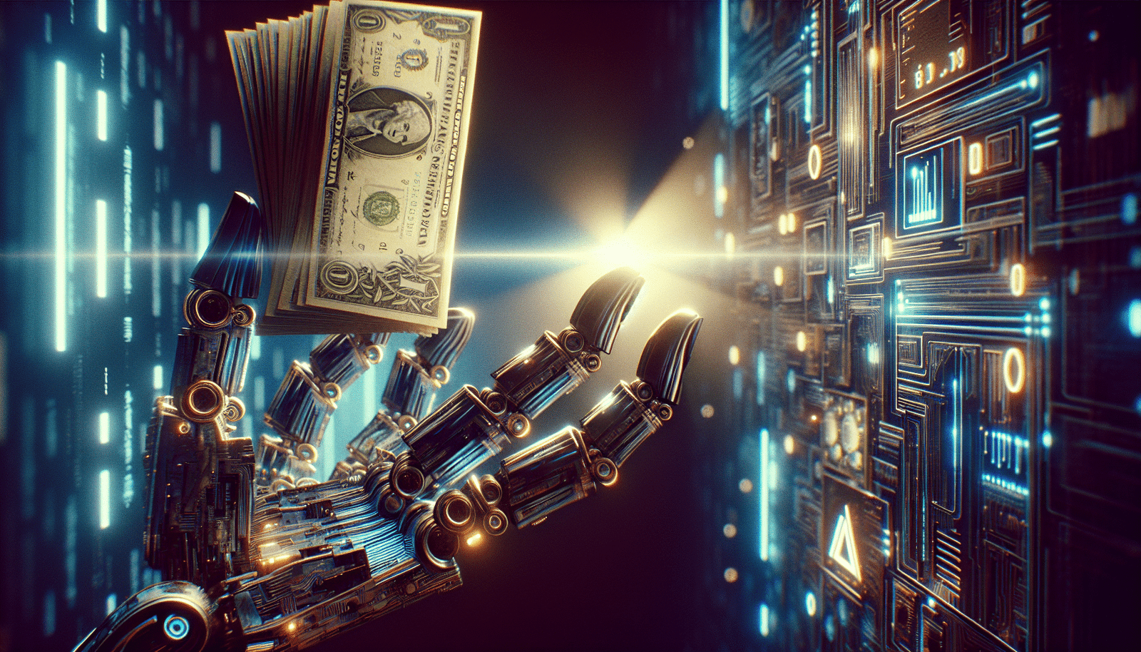 Une main robotique futuriste tendue vers une pile géante de billets de banque, avec en arrière-plan des circuits imprimés lumineux et des logos d'entreprises technologiques flous. Lumière dramatique, style néon.