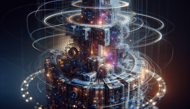 Une illustration futuriste et épurée montrant des engrenages complexes et des circuits lumineux formant la base d'une tour stylisée symbolisant l'IA, le tout dans des tons bleus et violets, avec des lignes de données abstraites connectant les éléments. Style moderne, abstrait et sécurisant.