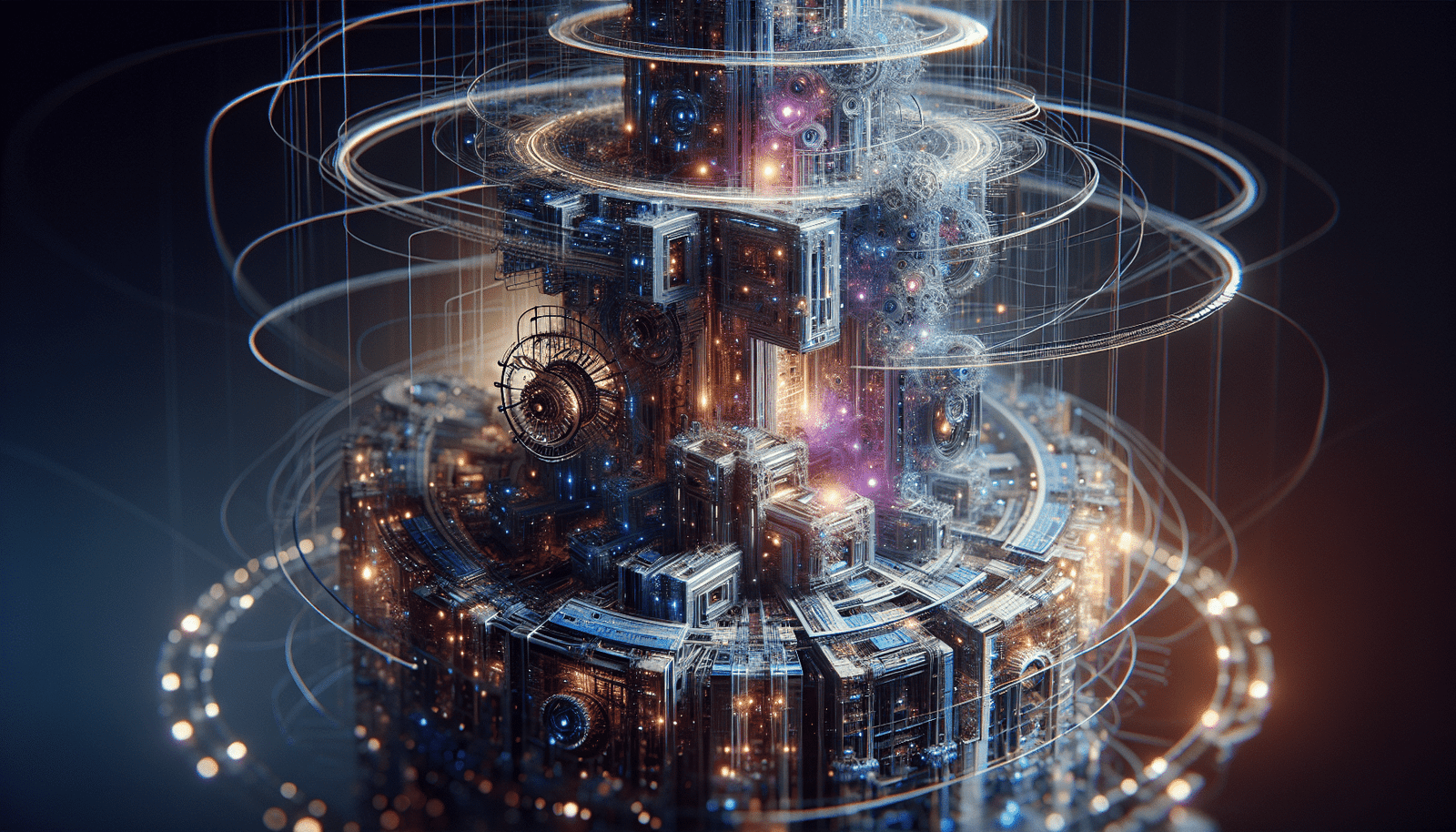 Une illustration futuriste et épurée montrant des engrenages complexes et des circuits lumineux formant la base d'une tour stylisée symbolisant l'IA, le tout dans des tons bleus et violets, avec des lignes de données abstraites connectant les éléments. Style moderne, abstrait et sécurisant.